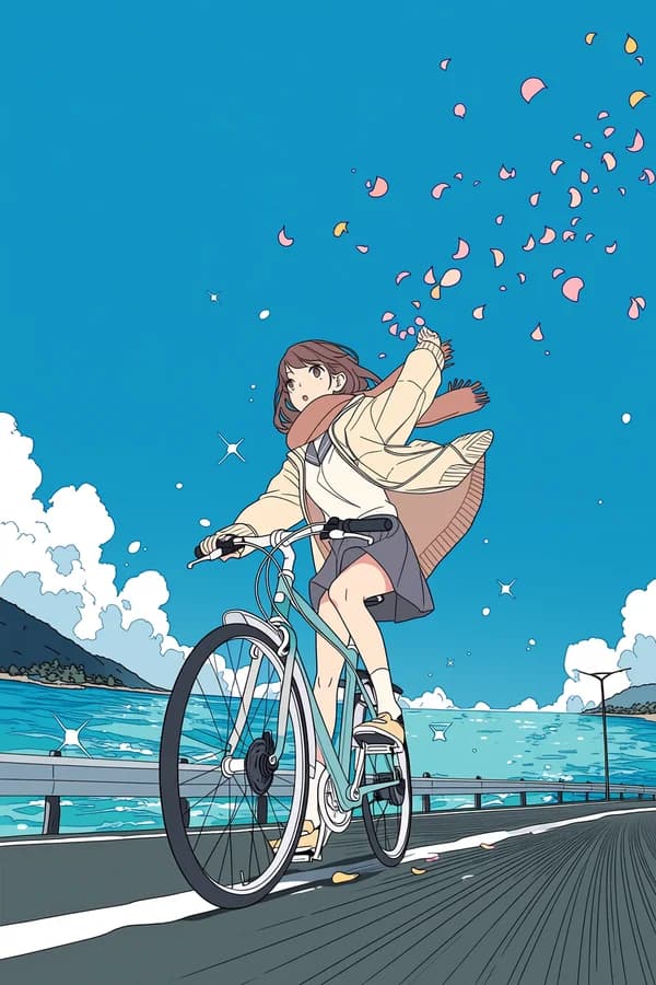 The fourth of four takes from one Niji 7 run — an anime illustration of a girl coasting downhill on a bicycle beside the sea, petals in the air.