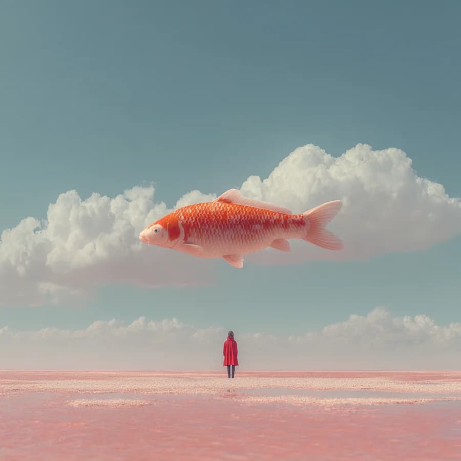 The first of four takes from one Midjourney v7 run — a surreal photograph of a giant koi swimming through clouds above a pink desert and a figure in red.