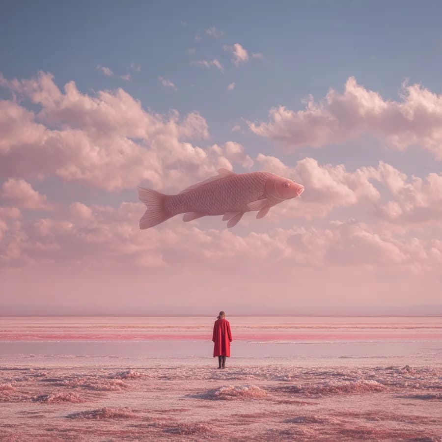 The second of four takes from one Midjourney v7 run — a surreal photograph of a giant koi swimming through clouds above a pink desert and a figure in red.
