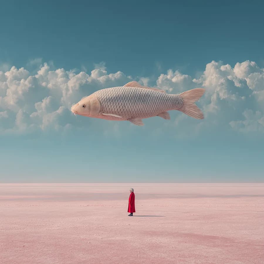 The third of four takes from one Midjourney v7 run — a surreal photograph of a giant koi swimming through clouds above a pink desert and a figure in red.