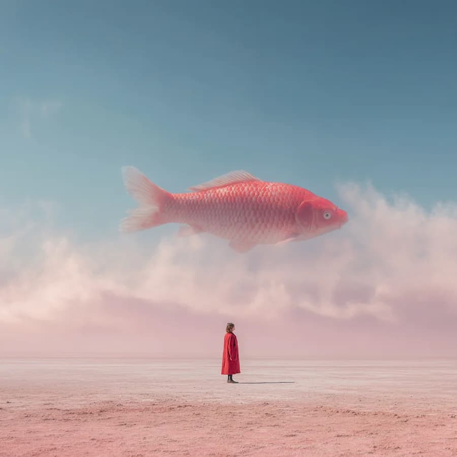 The fourth of four takes from one Midjourney v7 run — a surreal photograph of a giant koi swimming through clouds above a pink desert and a figure in red.