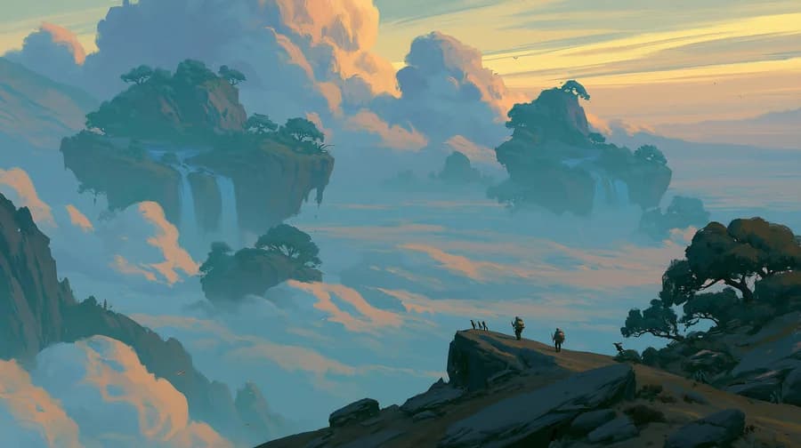 The first of four takes from one Midjourney v8.1 run — a painterly fantasy landscape of floating islands above a sea of mist, hikers on a ridge.