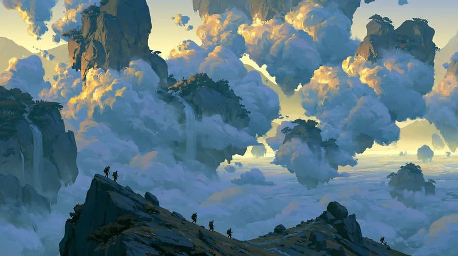 The second of four takes from one Midjourney v8.1 run — a painterly fantasy landscape of floating islands above a sea of mist, hikers on a ridge.