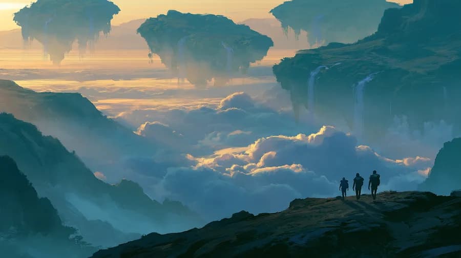 The third of four takes from one Midjourney v8.1 run — a painterly fantasy landscape of floating islands above a sea of mist, hikers on a ridge.