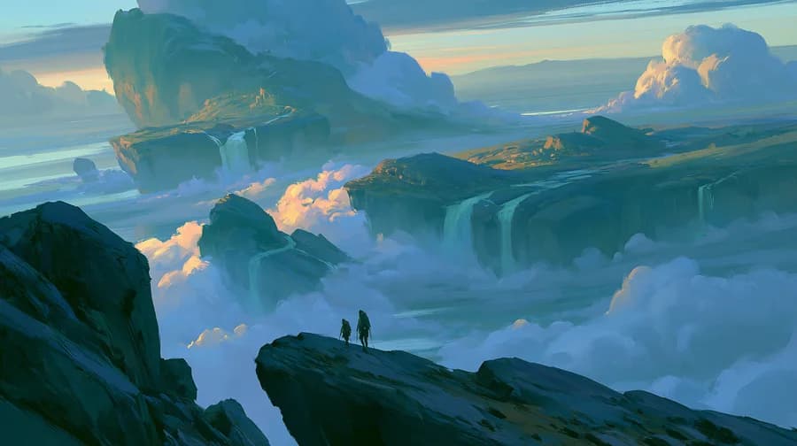 The fourth of four takes from one Midjourney v8.1 run — a painterly fantasy landscape of floating islands above a sea of mist, hikers on a ridge.