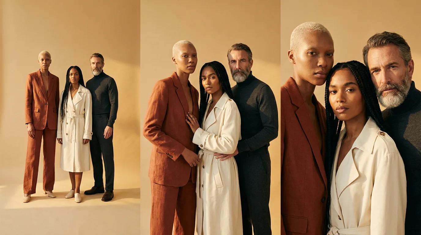 One editorial spread generated by Nano Banana Pro showing the same three models three times — wide, medium and close — with faces and outfits unchanged across all three.
