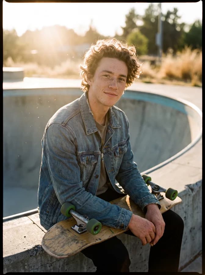 A golden-hour film portrait generated with Nano Banana Pro — a young man with curly hair and freckles sitting on the edge of a skate bowl with his board across his knees.