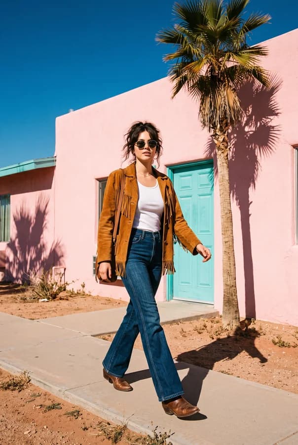 A fashion photo generated with Nano Banana 2 — a woman in a seventies suede jacket and flared jeans walking past a pink motel with a turquoise door in hard desert sun.