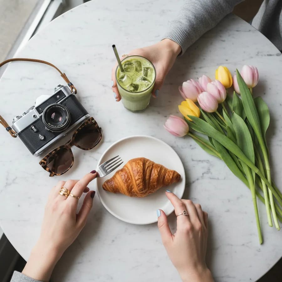 An overhead brunch flat-lay generated with Nano Banana — iced matcha, a croissant, a film camera, sunglasses and tulips on a marble table, two hands reaching in.