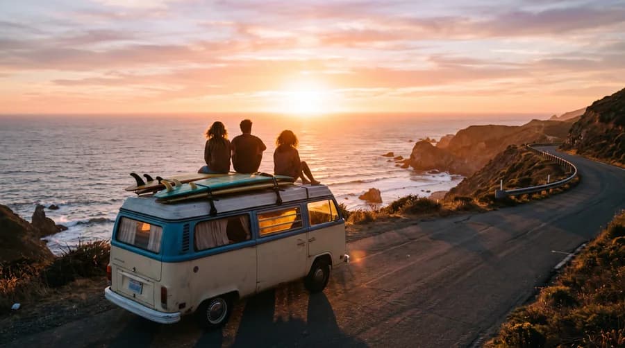 A wide sunset photo generated with Nano Banana 2 — three friends on the roof of a vintage camper van with surfboards, parked above a cliffside coastal road.