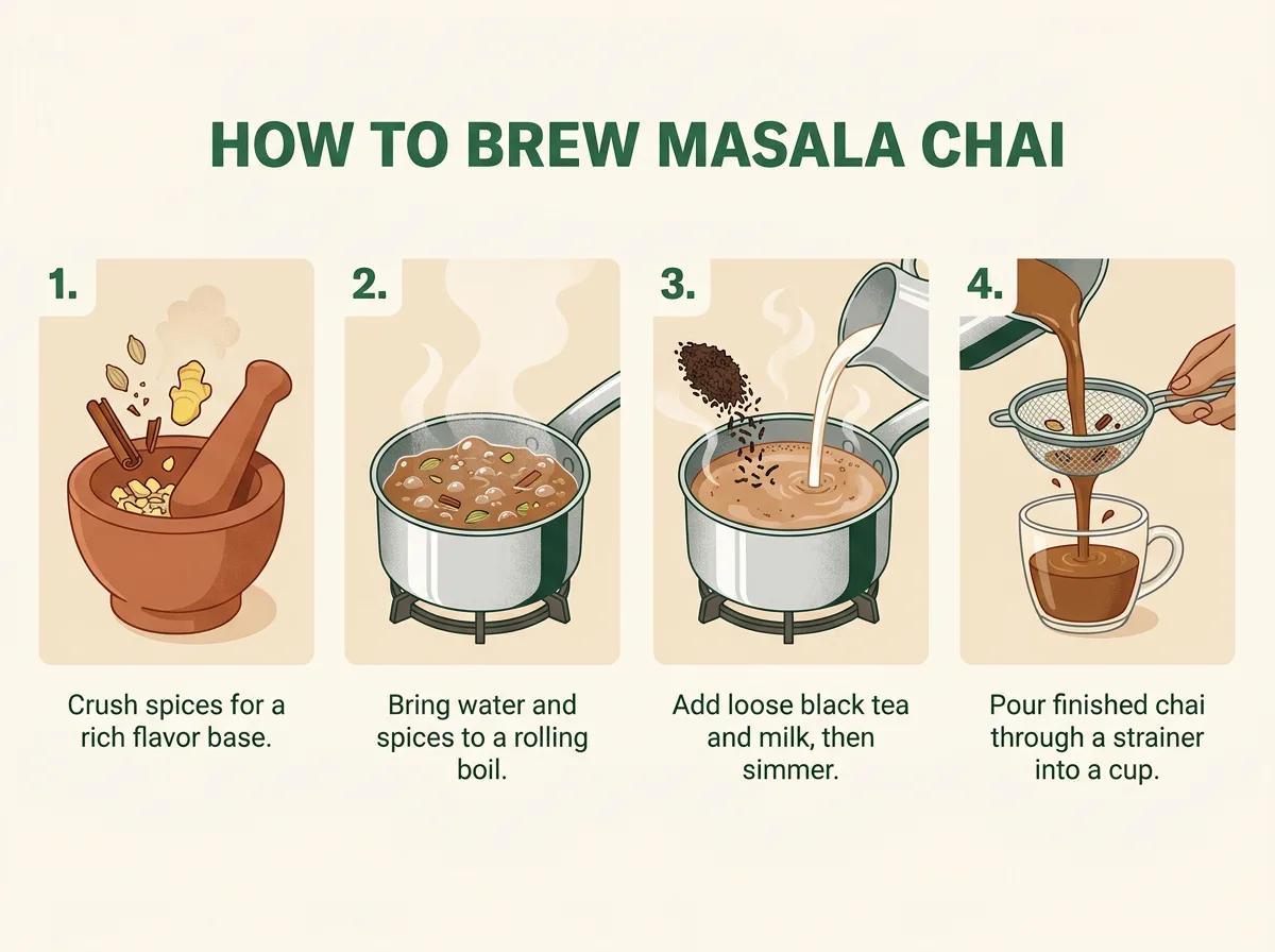 A four-step 'How to brew masala chai' infographic generated by Nano Banana Pro, with numbered illustrations and correctly spelled captions under each step.