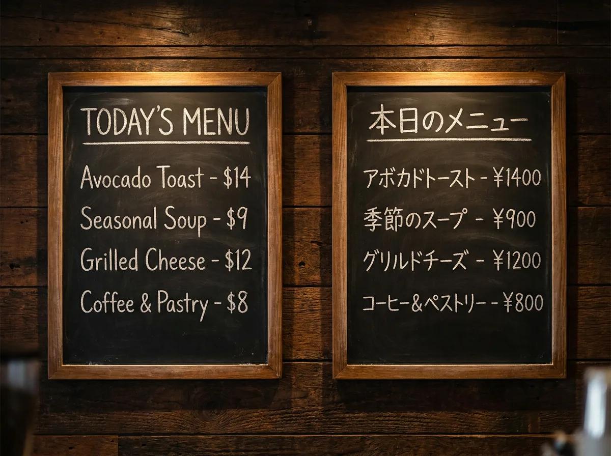 Two identical chalk menu boards generated by Nano Banana Pro — the same four items in English on the left and in Japanese on the right, prices converted to yen.