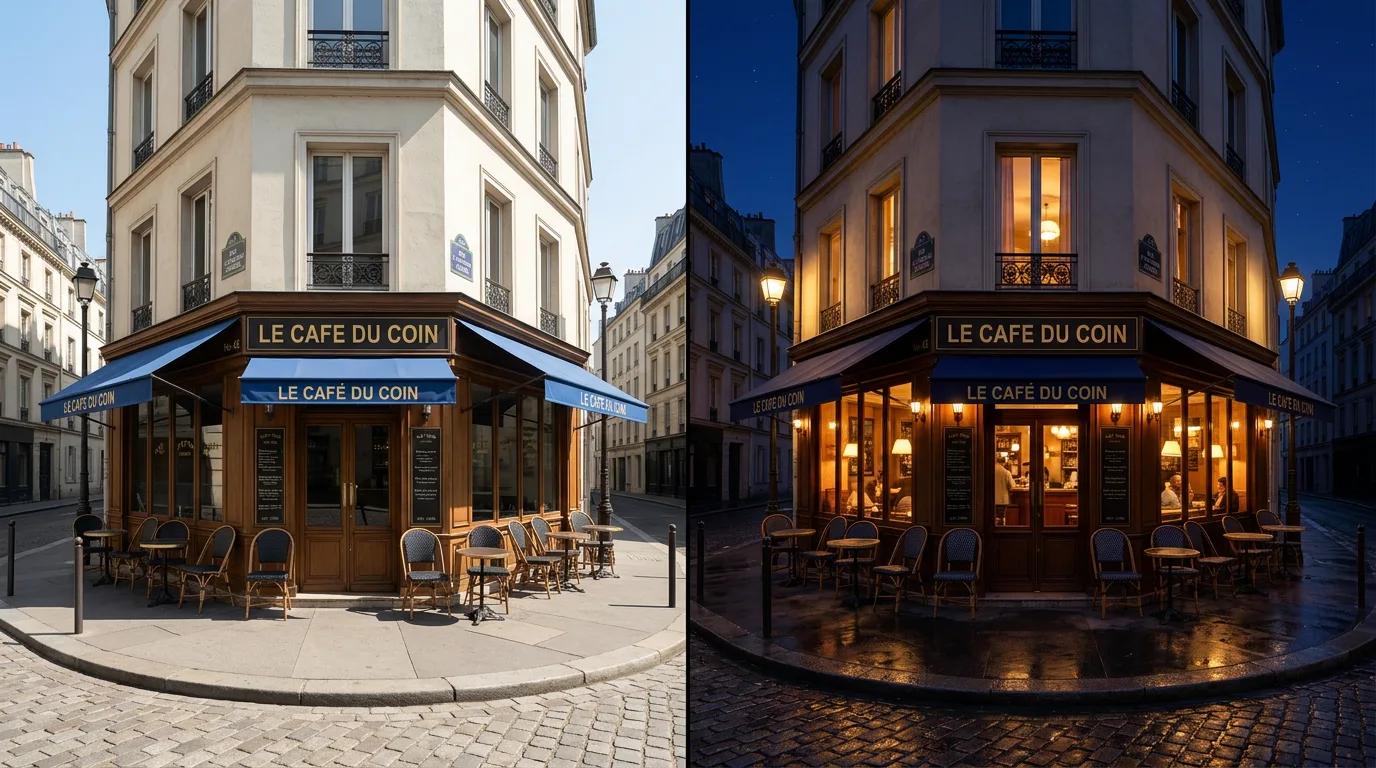 The same Paris corner cafe generated by Nano Banana twice in one frame — identical building, signage and camera position, at midday on the left and at night on the right.