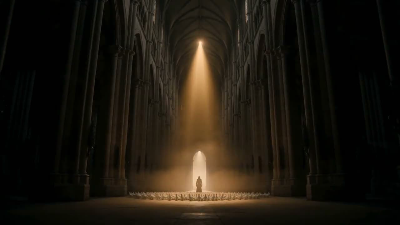 A figure standing in a beam of light as a flock of white doves bursts into the air — generated with Seedance.