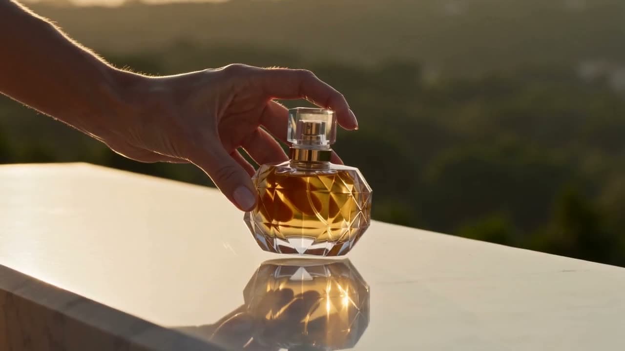 A perfume commercial cutting between a macro of the bottle, a wide on a sunlit terrace and an insert of the hand setting it down — generated by Seedance 2.0 Fast in one pass.