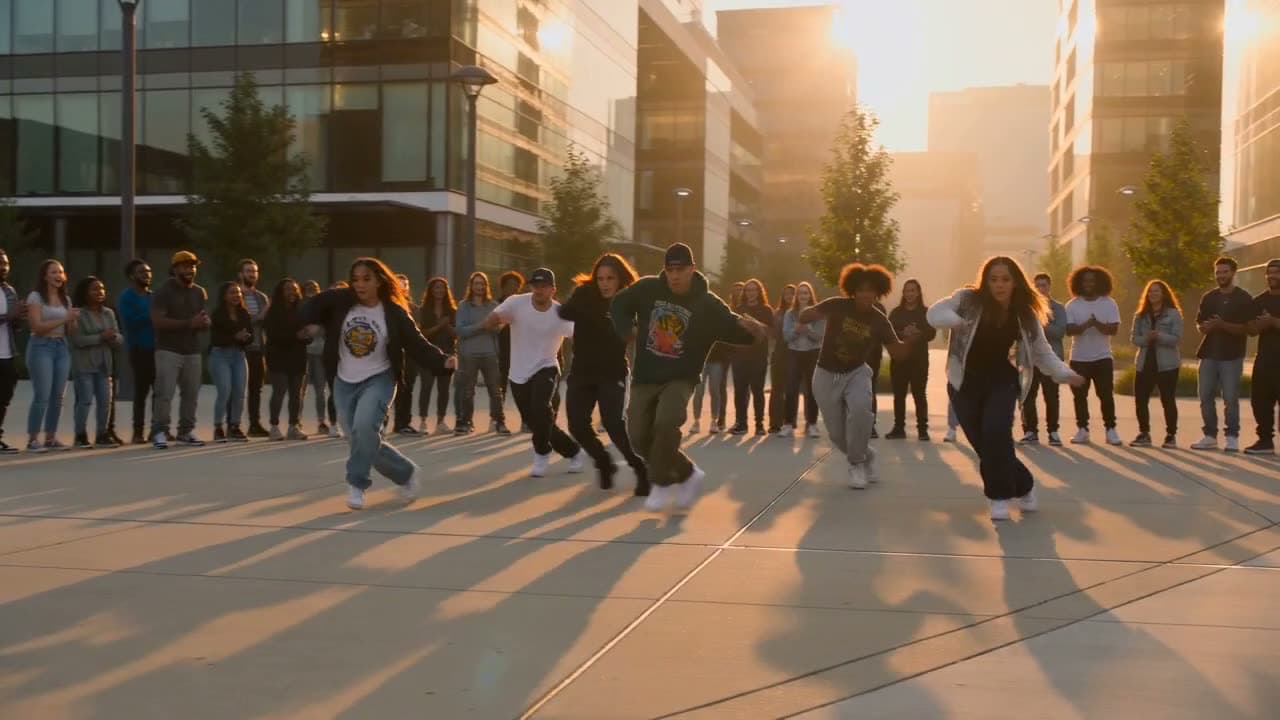 Eight street dancers moving in unison at golden hour, each staying distinct and correctly formed through the routine. Generated by Seedance 2.0 Fast.