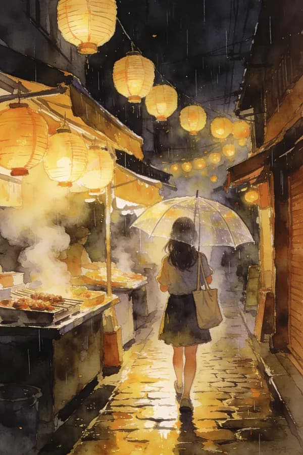 An ink and watercolour illustration generated with Seedream 4.5 — a girl with a clear umbrella walking through a rainy night market under glowing paper lanterns.