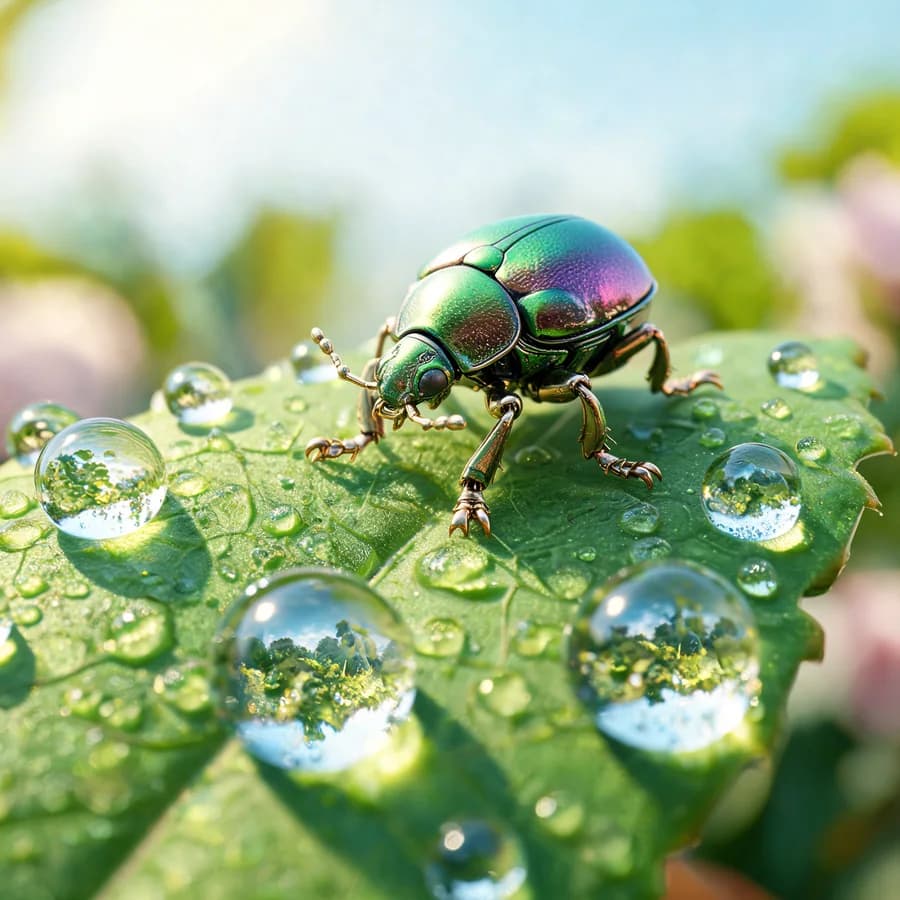 A macro photograph generated with Seedream 5 — an iridescent green and violet beetle on a leaf covered in dew drops that each refract the garden behind.