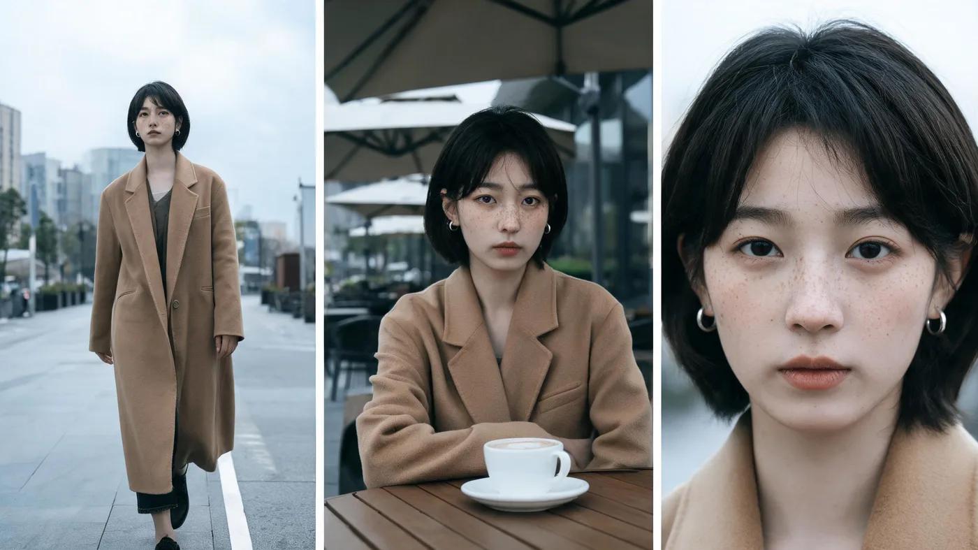 A three-frame campaign strip generated by Seedream 5.0 Lite showing the same woman full-length, waist-up and in close portrait with identical face, hair and coat throughout.