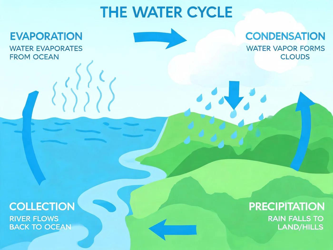 A water cycle diagram generated by Seedream 5.0 Lite — four labelled stages around a circular flow with the arrows pointing the right way.