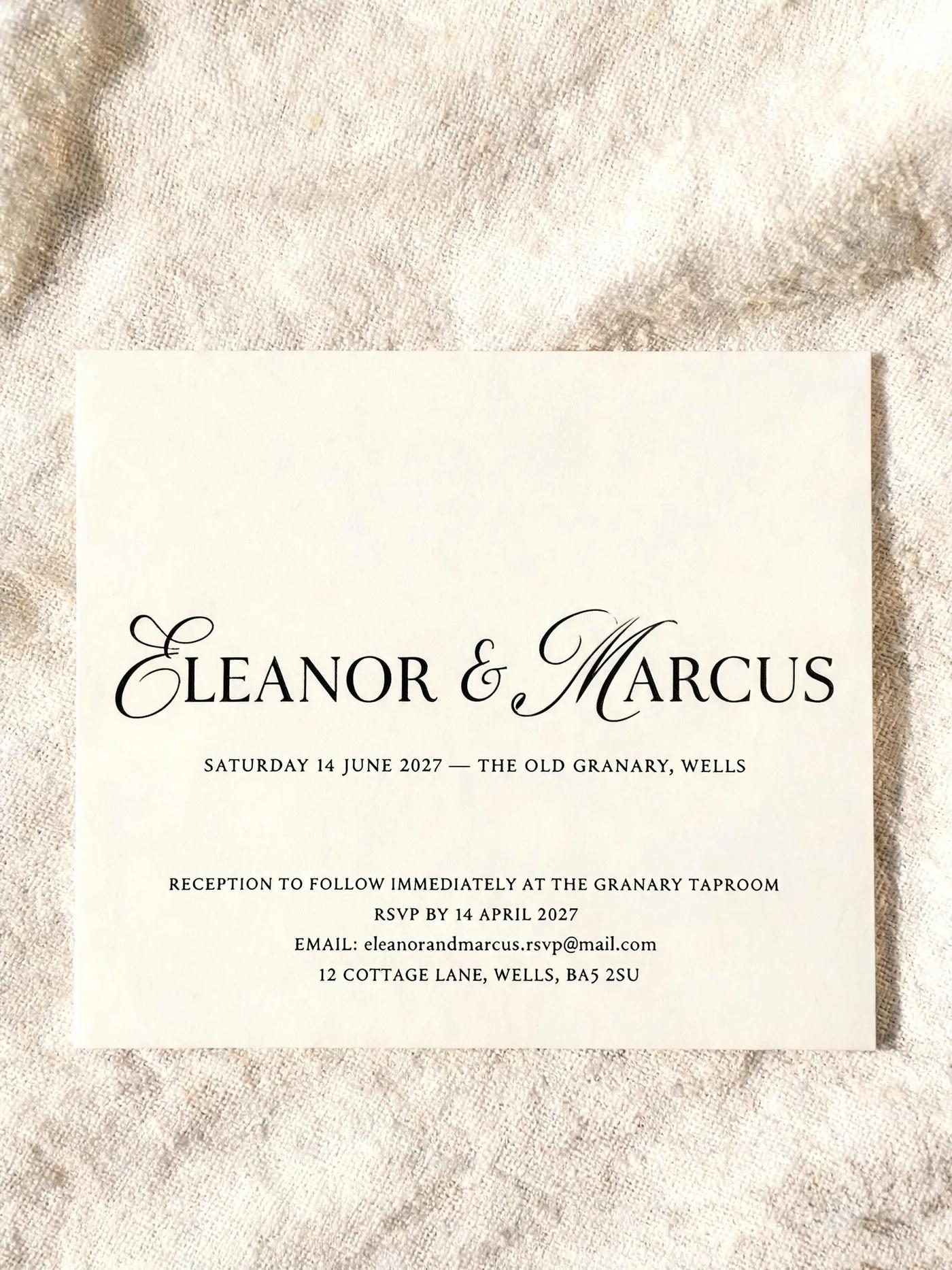 A letterpress wedding invitation generated by Seedream 5.0 Lite — calligraphic names, a date line, and a four-line block of fine print including an email address and postcode, all correctly spelled.