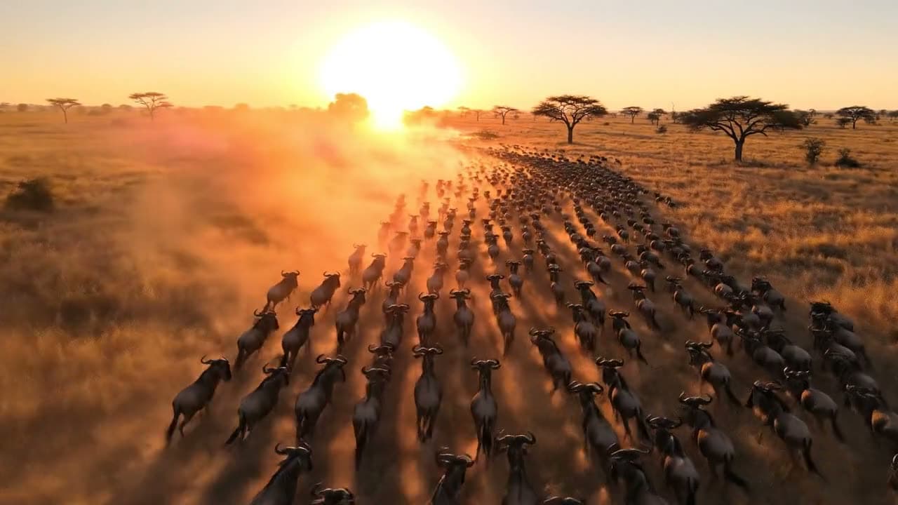 Aerial shot of a wildebeest herd kicking up dust across the savanna at sunset — generated with Veo.