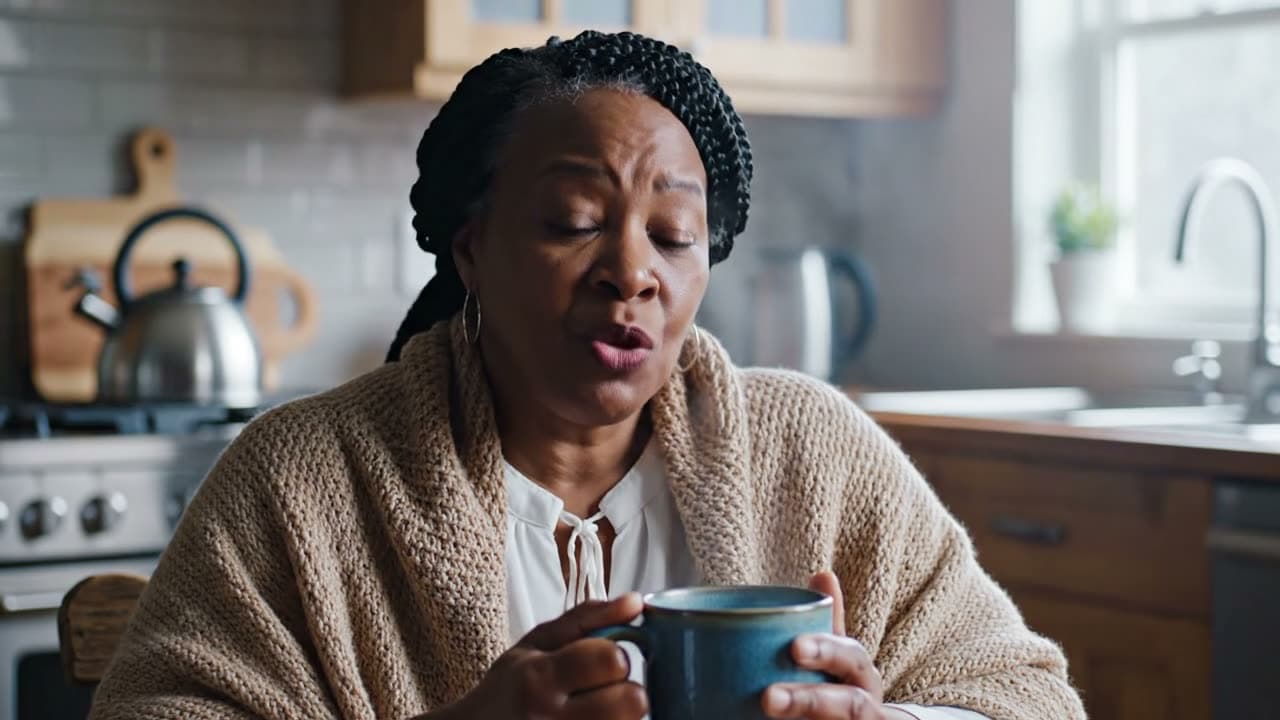 An older woman with a mug in a sunlit kitchen, speaking to someone off camera