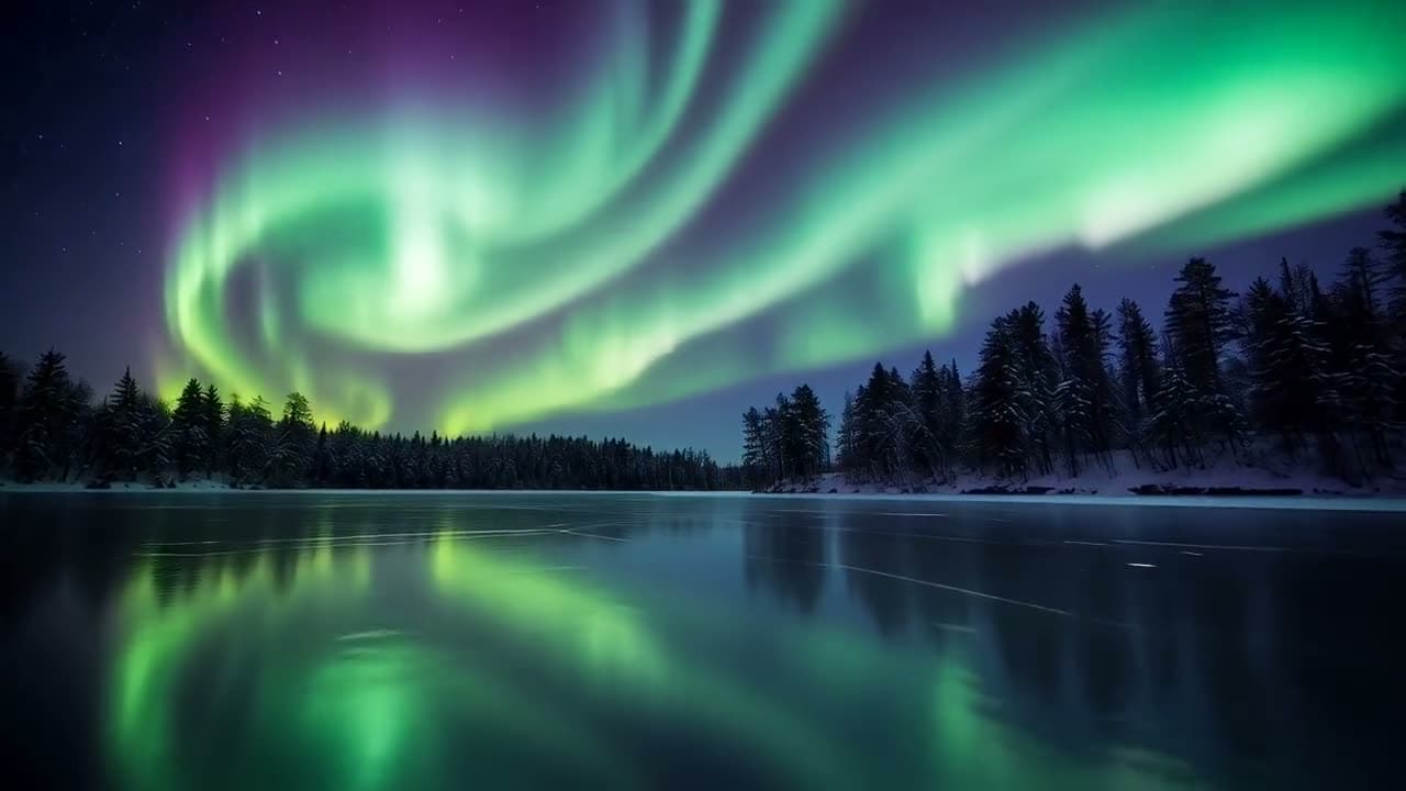 Green aurora swirling over a pine forest, mirrored in a still lake — generated with Wan.