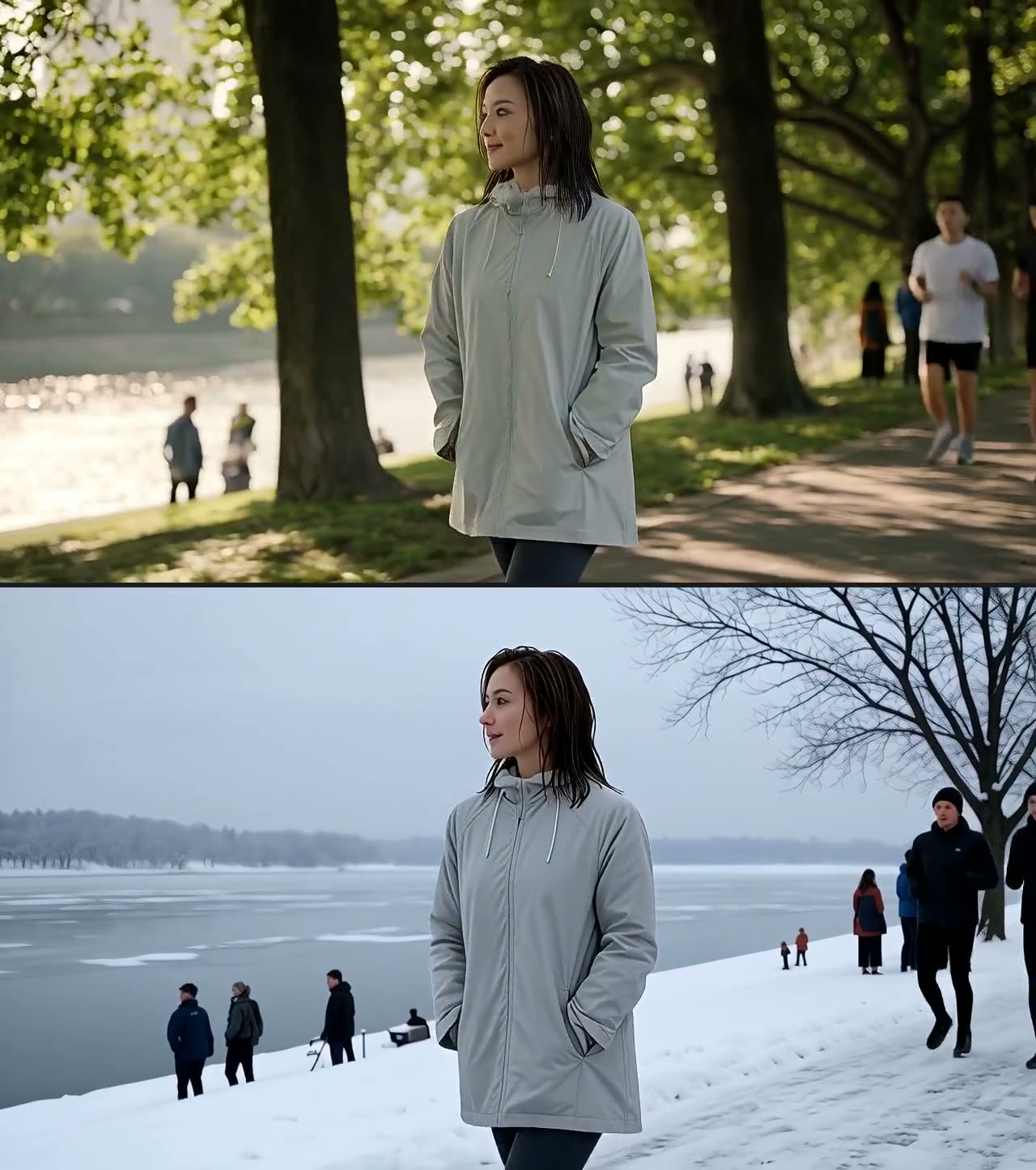 The same riverside walking shot before and after a written instruction changed the season to winter — identical subject, coat, walk and camera move, with snow, bare trees and a frozen river. Generated and then edited on Wan 2.7.