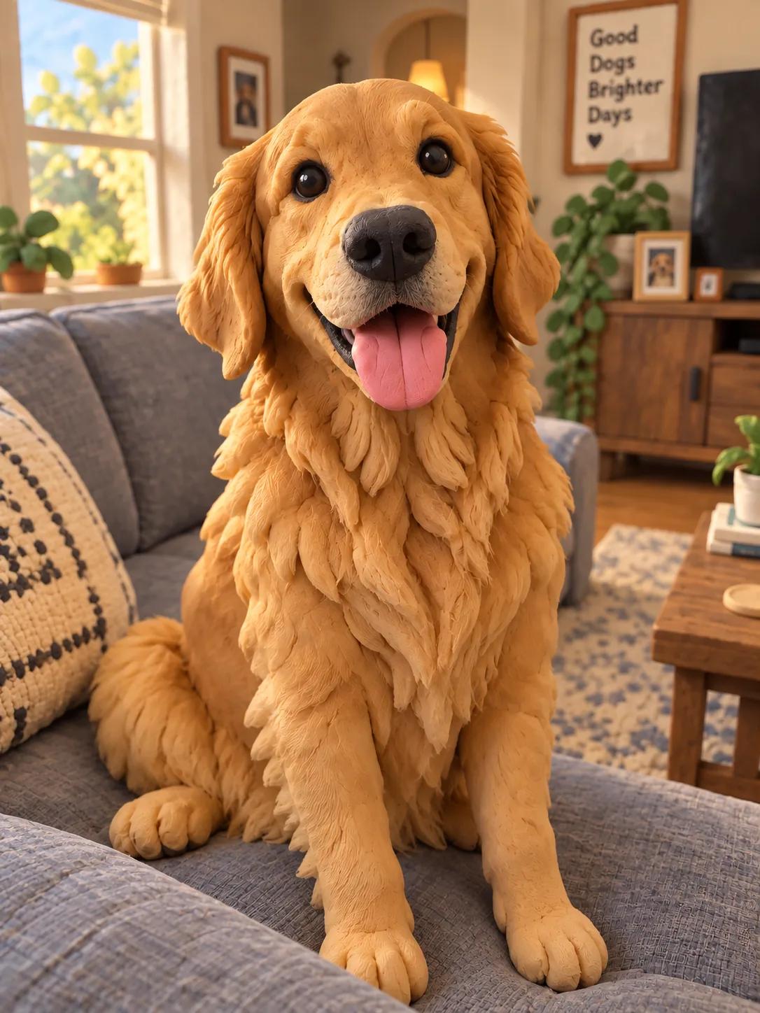 The golden retriever as a handmade claymation figure on the sofa. Remixed with Vormly Pro.