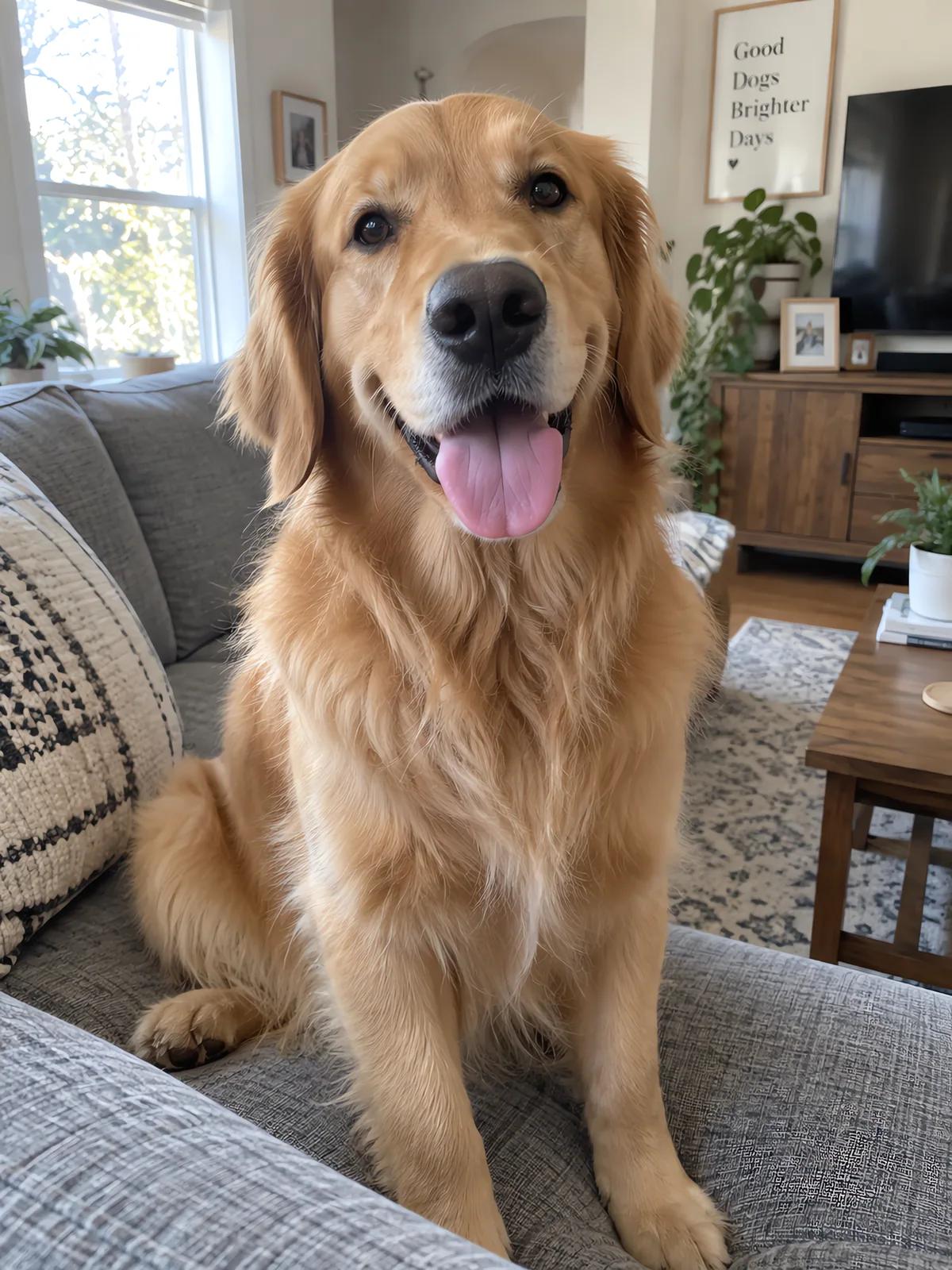 A casual photo of a golden retriever sitting on a grey sofa with its tongue out.