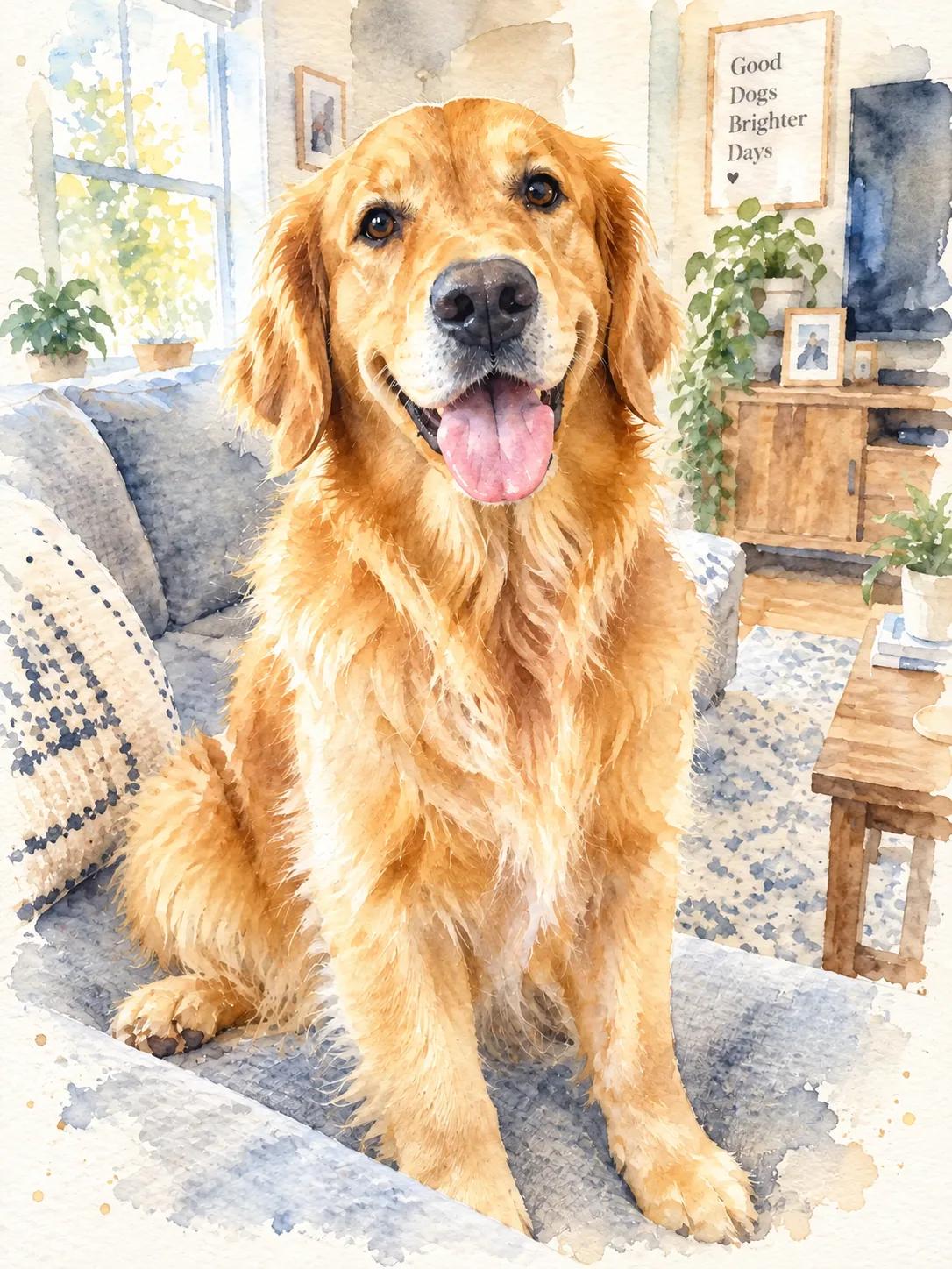The golden retriever as a soft watercolor painting. Remixed with Vormly Pro.