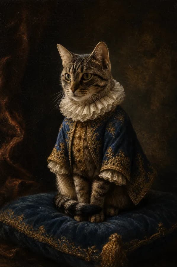 A photo of a tabby cat on an armchair remixed with GPT Image 2 as an 18th-century oil portrait — ruffled collar, embroidered coat, dark varnished background.