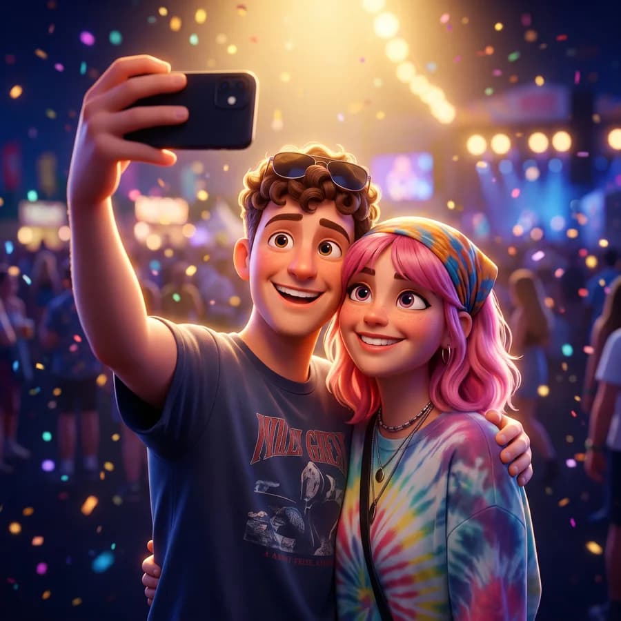 A festival selfie of two friends remixed with Nano Banana 2 as a 3D animated film still — the same curly hair, pink hair and bandana, with confetti lights behind them.