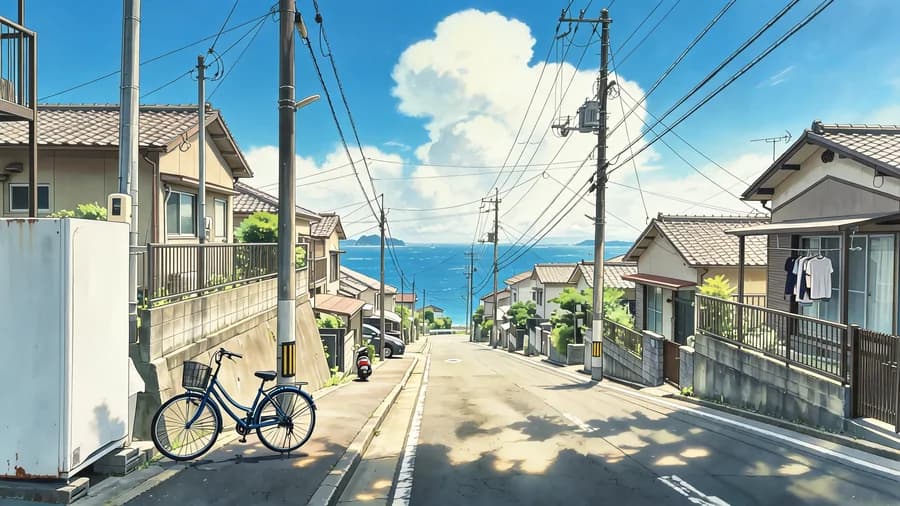 A photo of a hillside street by the sea remixed with Seedream 5 as a hand-painted anime background — summer clouds, deep blue water, the same road and power lines.