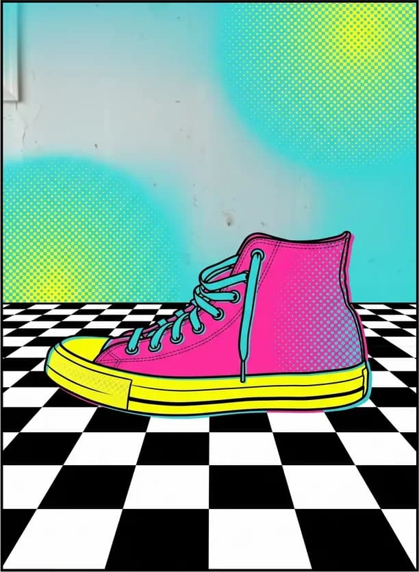 A photo of a white high-top sneaker remixed with Nano Banana Pro as a pop-art screen print — hot pink and yellow on a checkerboard floor with halftone dots.