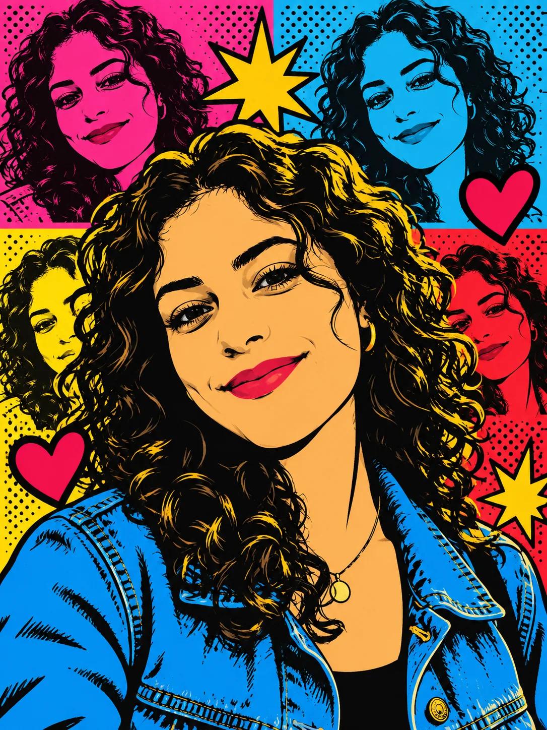 The same selfie as a pop art print in pink, blue and yellow with halftone dots. Remixed with Vormly Pro.
