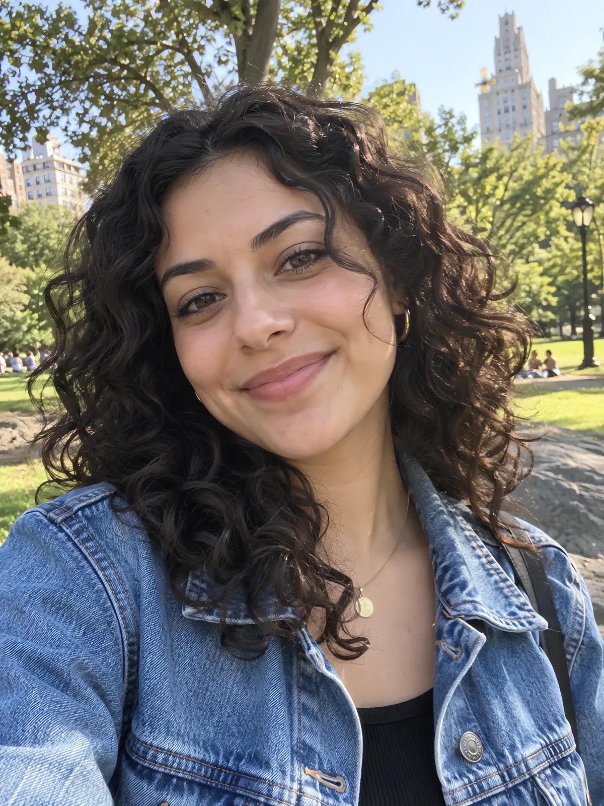 A casual photo of a smiling young woman with curly hair in a denim jacket in a city park.