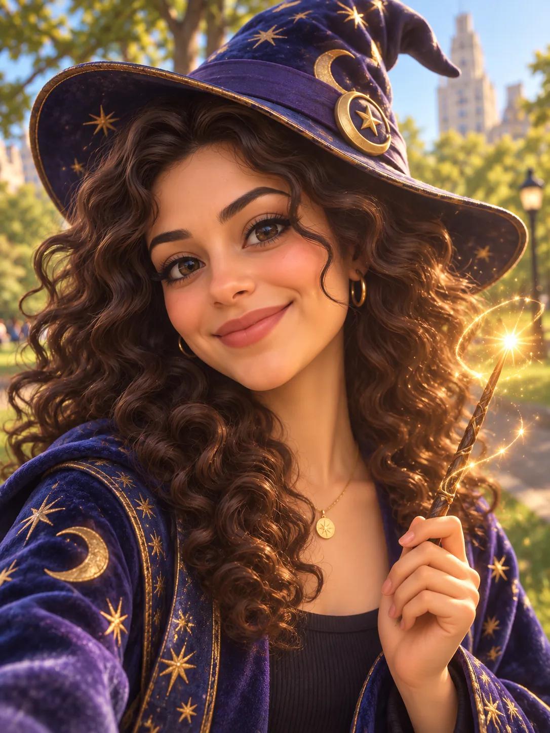 The same woman as a 3D character wearing a starry wizard hat and robe and holding a glowing wand. Remixed with Vormly Pro.