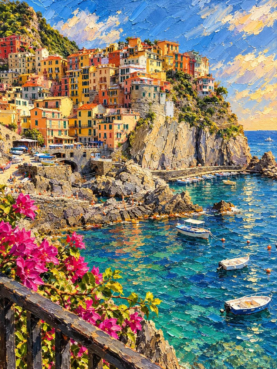 The coastal village as an oil painting with thick impasto brushstrokes. Remixed with Vormly Pro.
