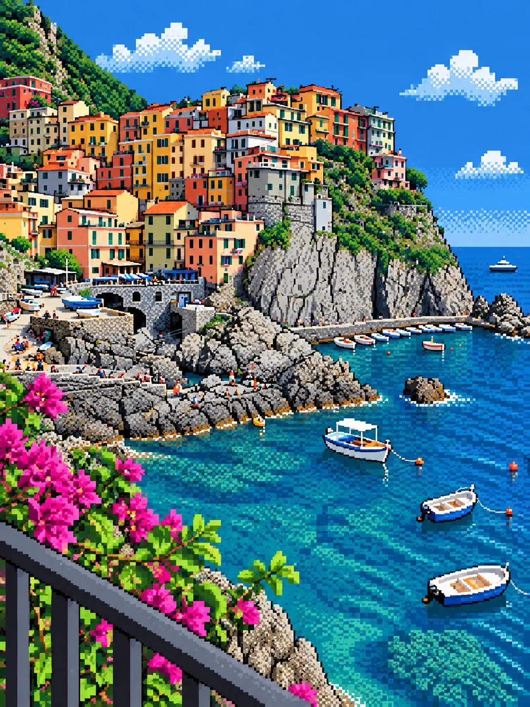 The coastal village as retro pixel art. Remixed with Vormly Pro.