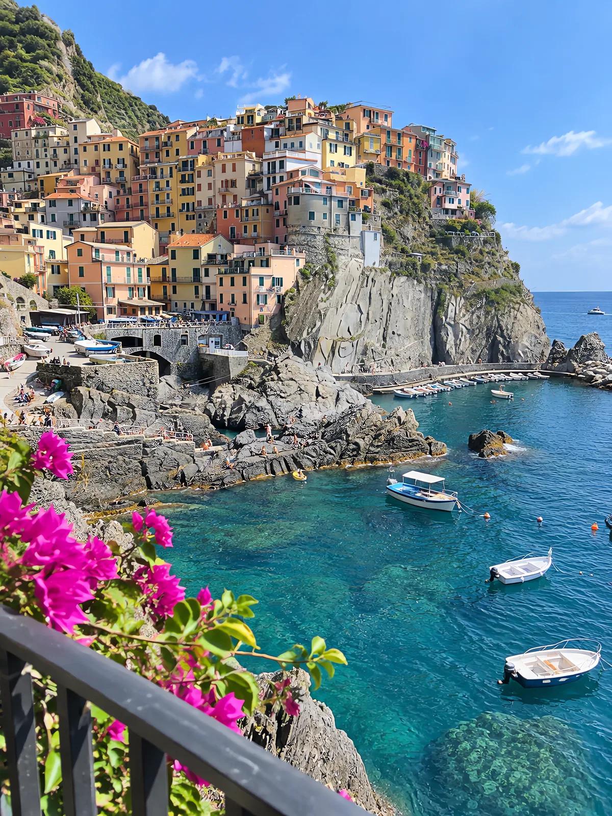 A tourist photo of a colourful coastal village on a cliff above a turquoise sea.