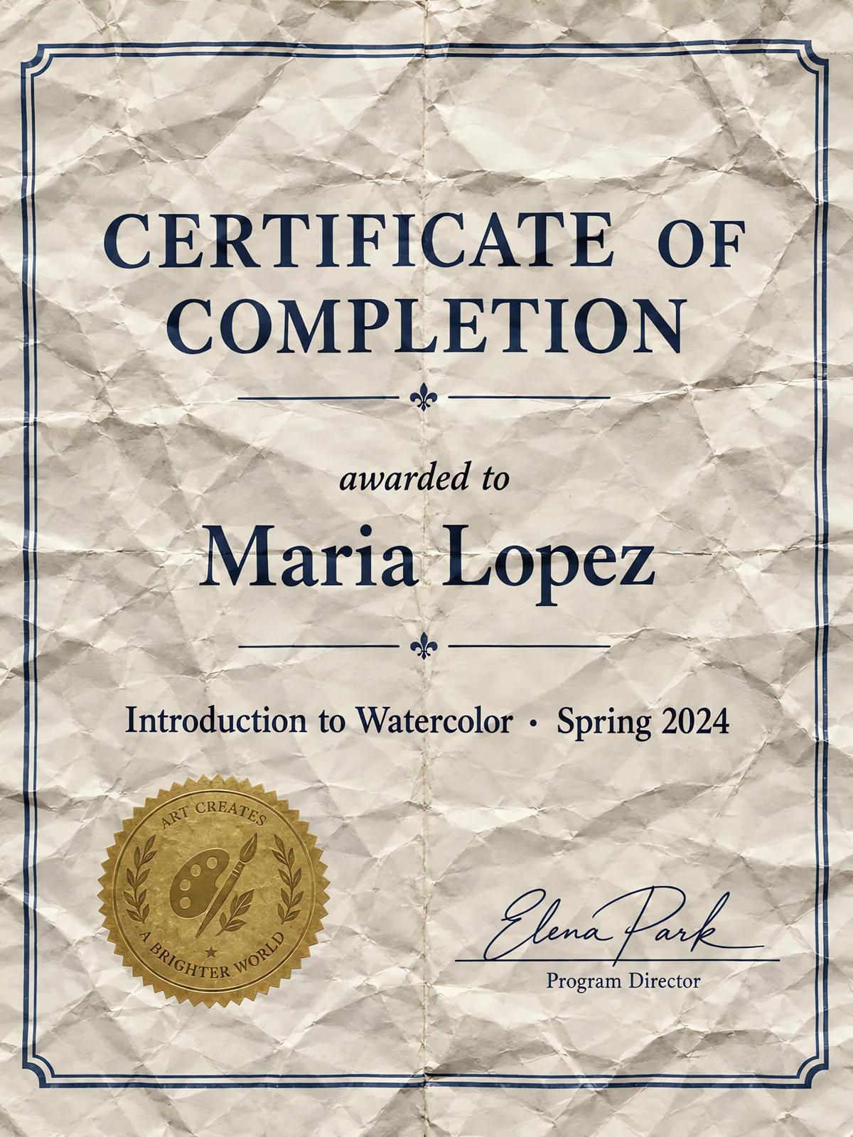 A scan of a crumpled certificate of completion awarded to Maria Lopez, covered in wrinkles.