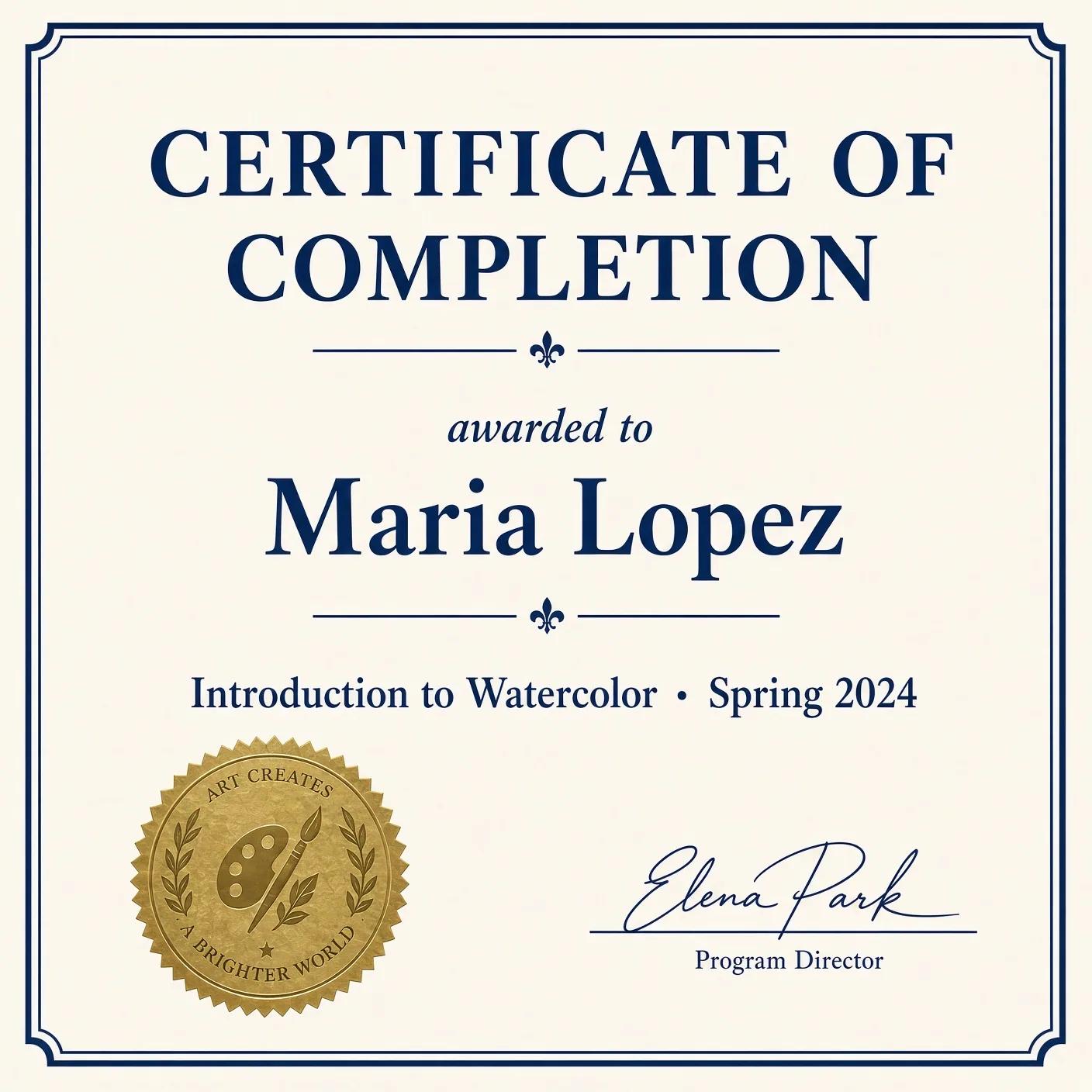 The same certificate, flat and clean, with the name, course, seal and signature unchanged. Restored with Grok Imagine.