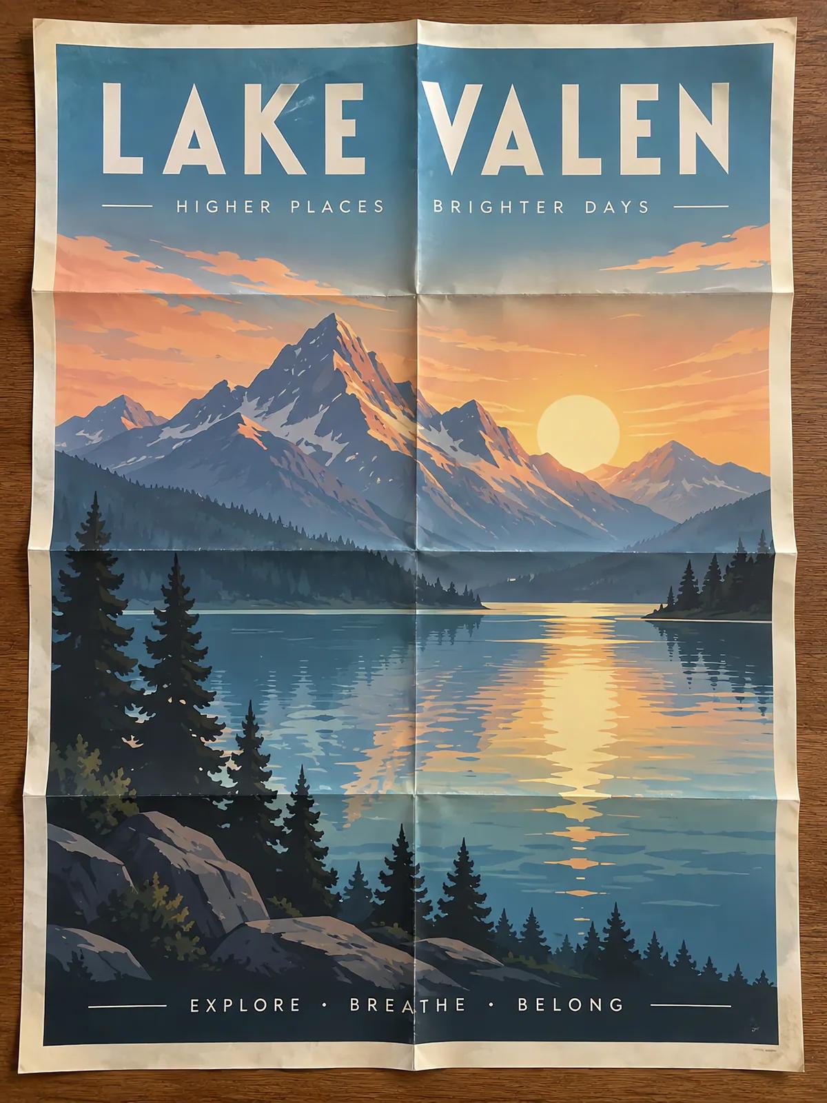 A photo of a travel poster reading LAKE VALEN with a grid of fold lines, lying on a table.