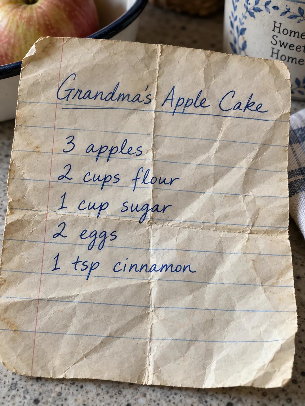 A crumpled handwritten recipe card for Grandma's Apple Cake with deep creases across the ink.