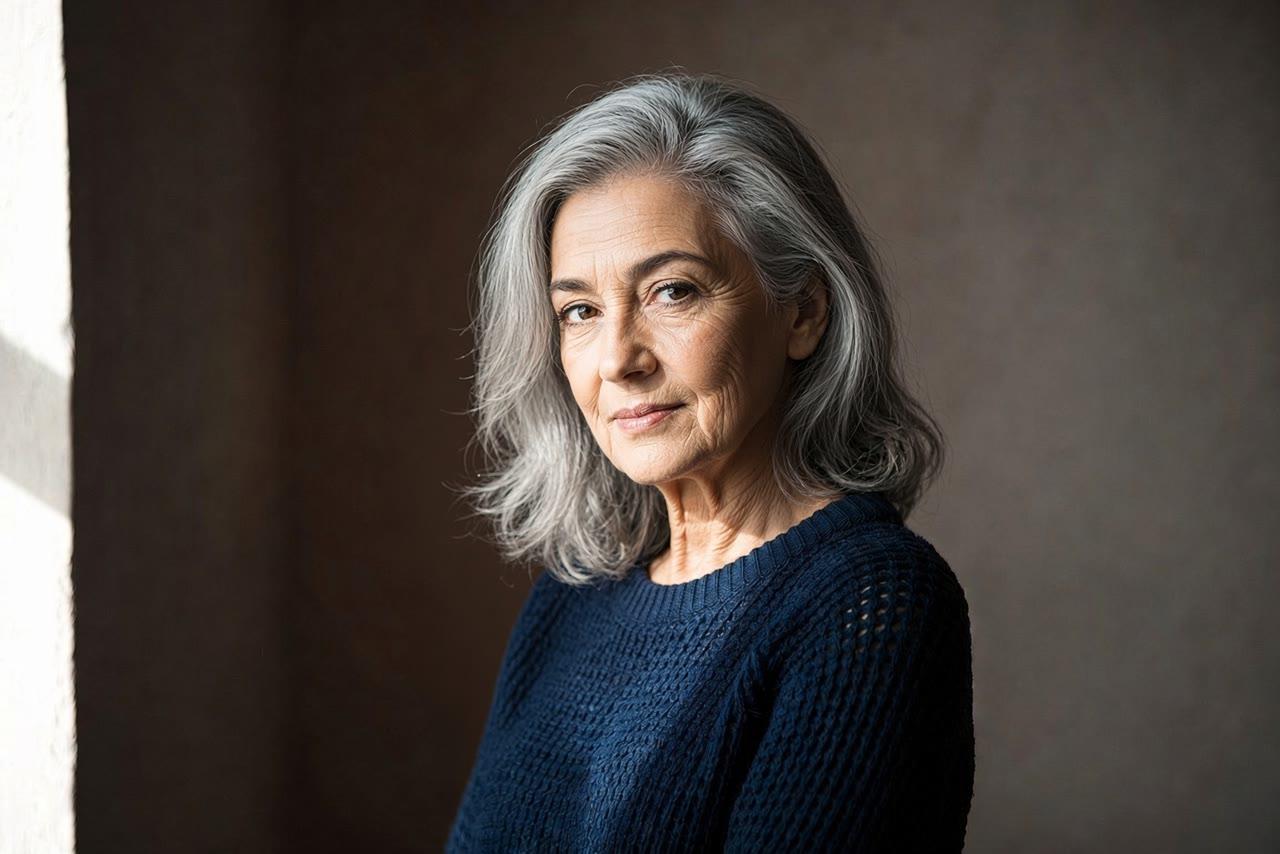 The same woman in her seventies with grey hair, in the same sweater, pose and light.