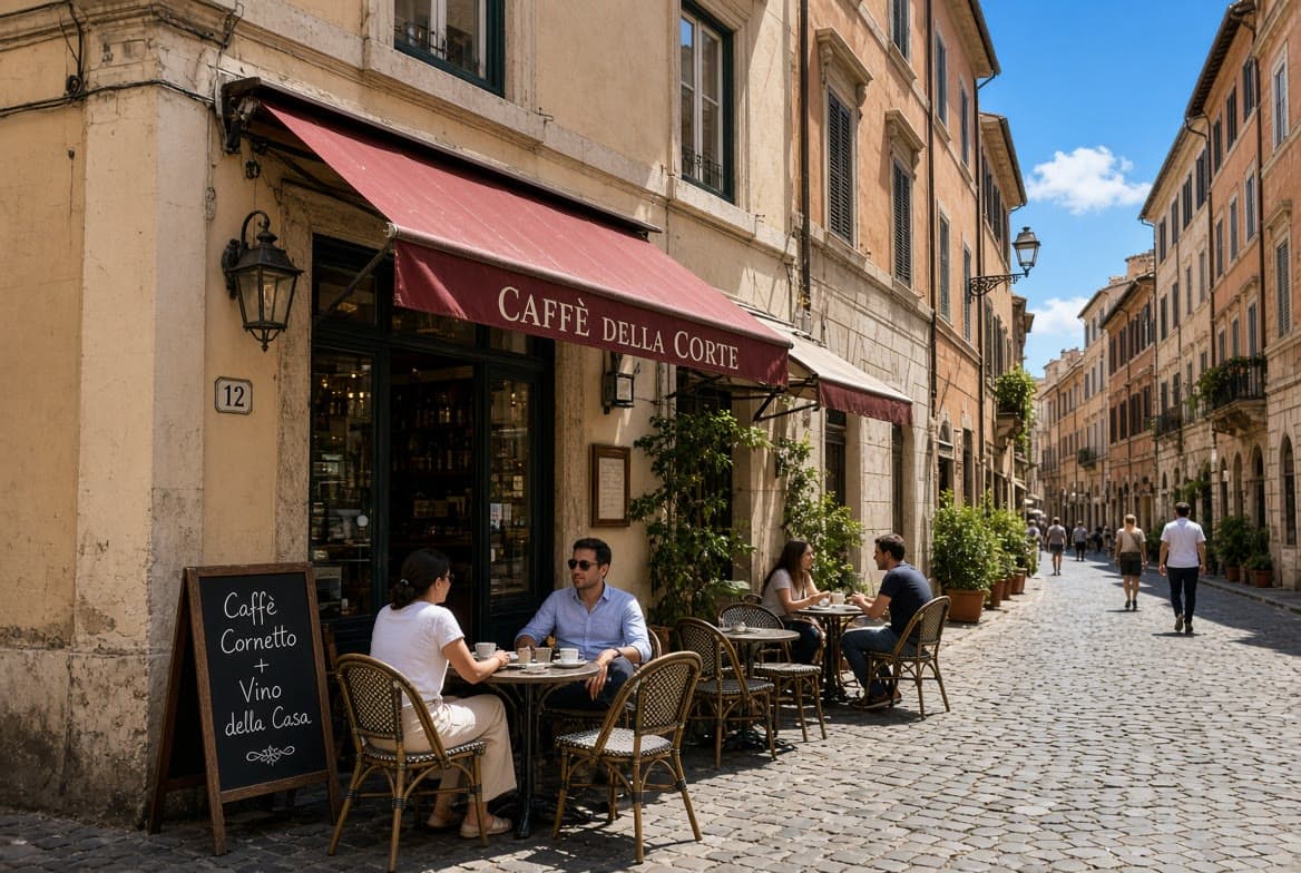 A narrow European street with a corner café and outdoor tables at midday.
