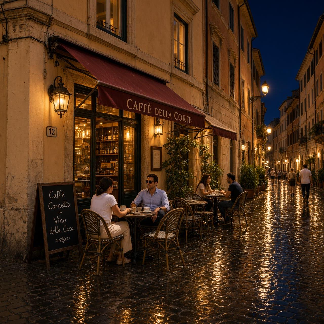 The same street and café at night with lamps and café lights on and wet cobblestones.