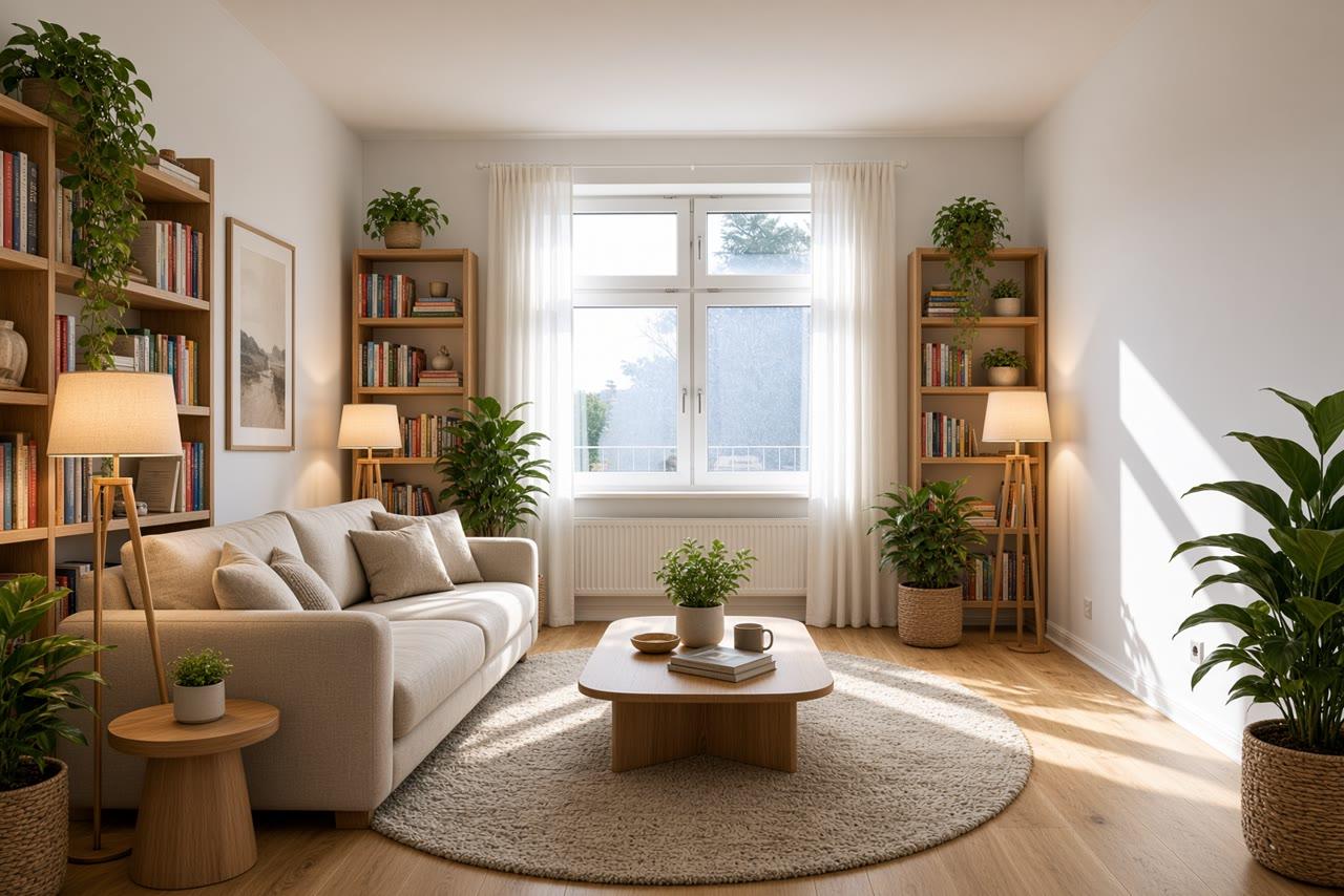 The same living room furnished with a sofa, rug, coffee table, plants, shelves and lamps.